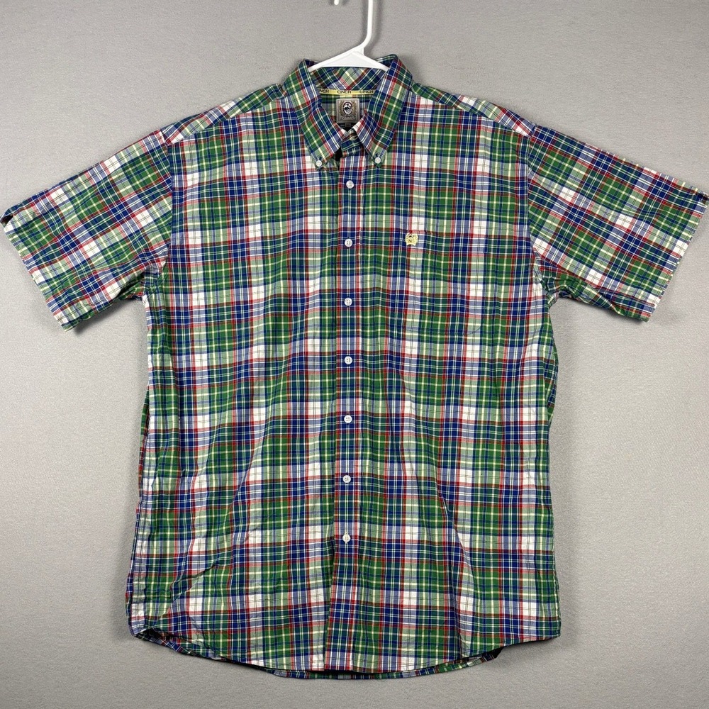 Cinch Plaid Button Down Shirt Short Sleeve Western Logo XL Green Blue Red